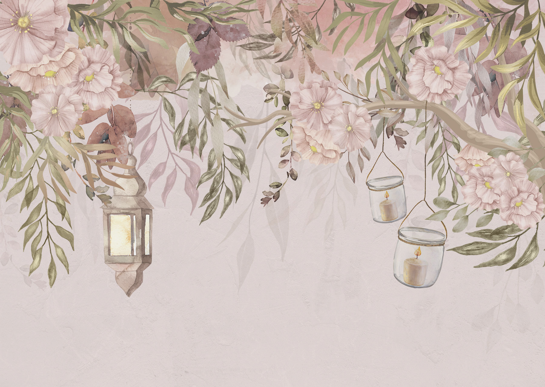 A painting of a tree with flowers and lanterns