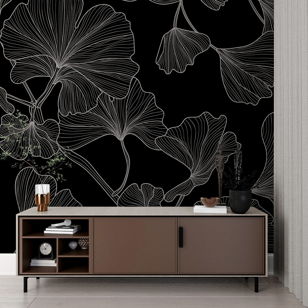 A black and white pattern of leaves A black and white pattern of leaves