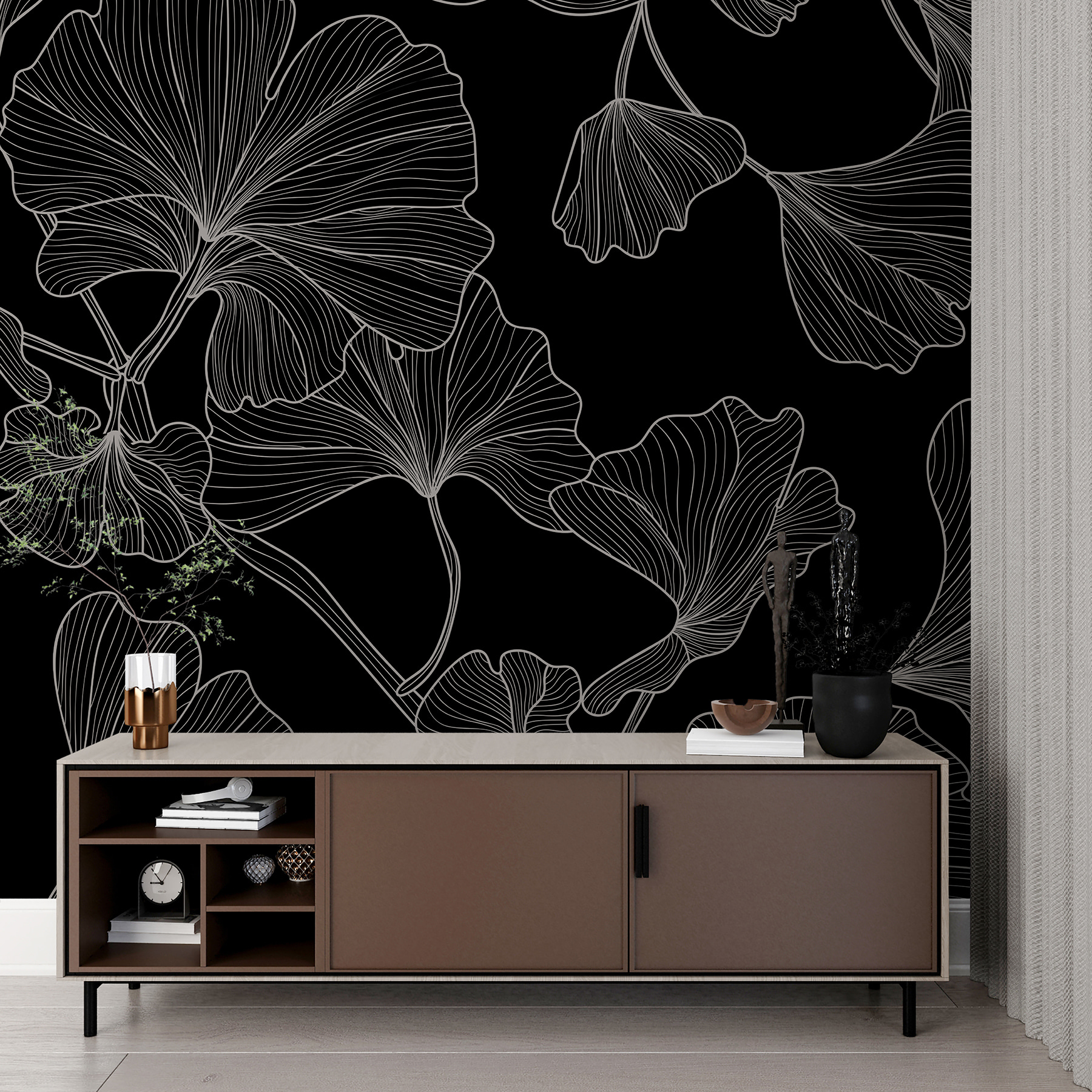 A black and white pattern of leaves A black and white pattern of leaves