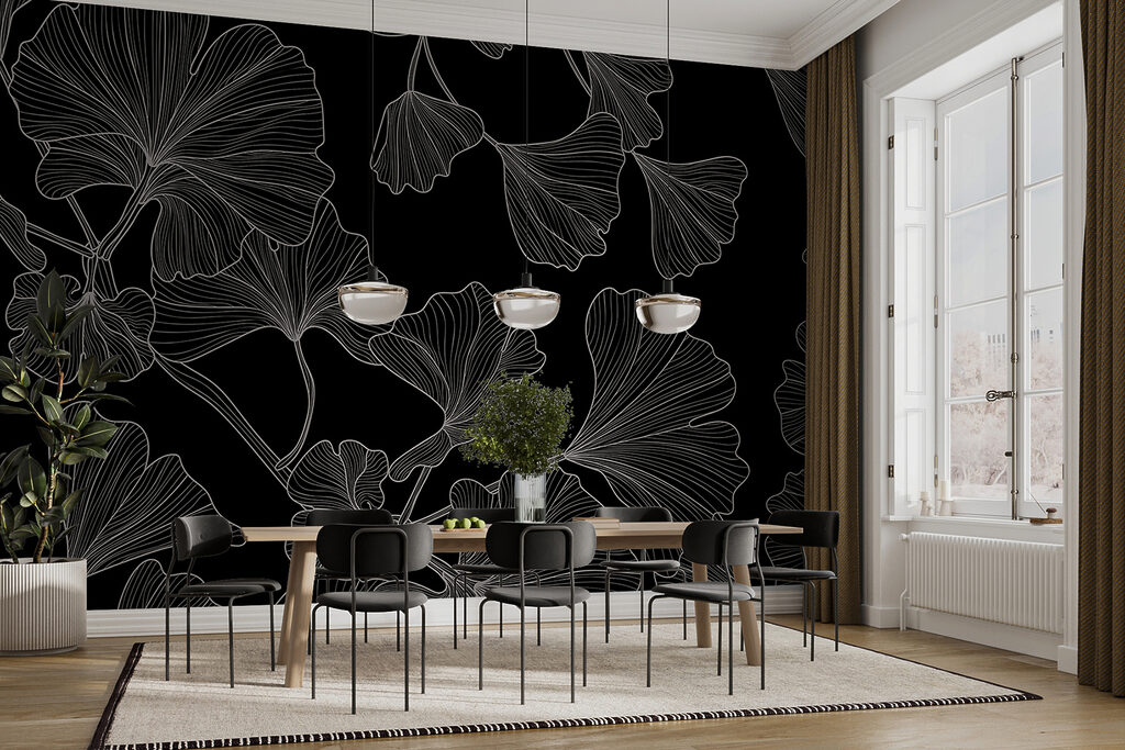 A black and white pattern of leaves A black and white pattern of leaves