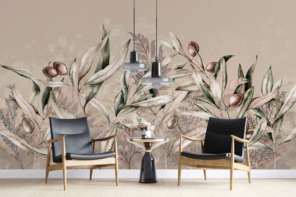 A painting of leaves and fruits A painting of leaves and fruits