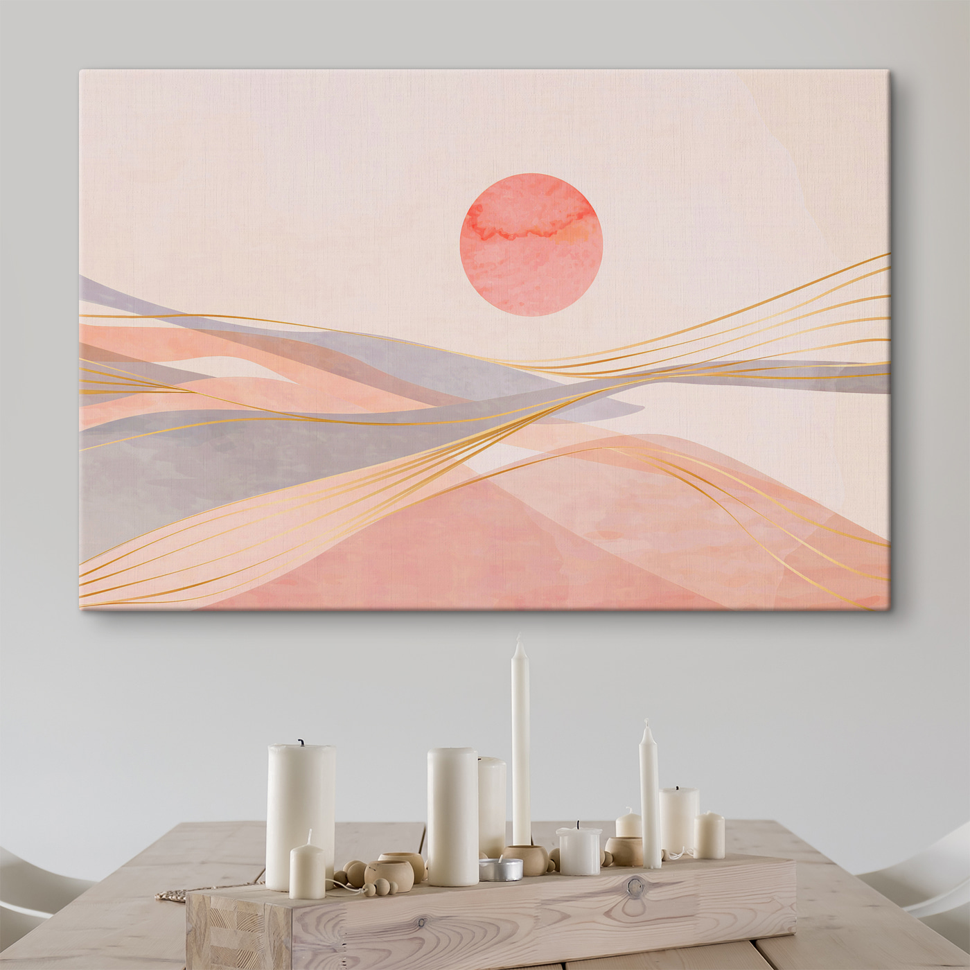 A pink and grey waves with a red sun A pink and grey waves with a red sun