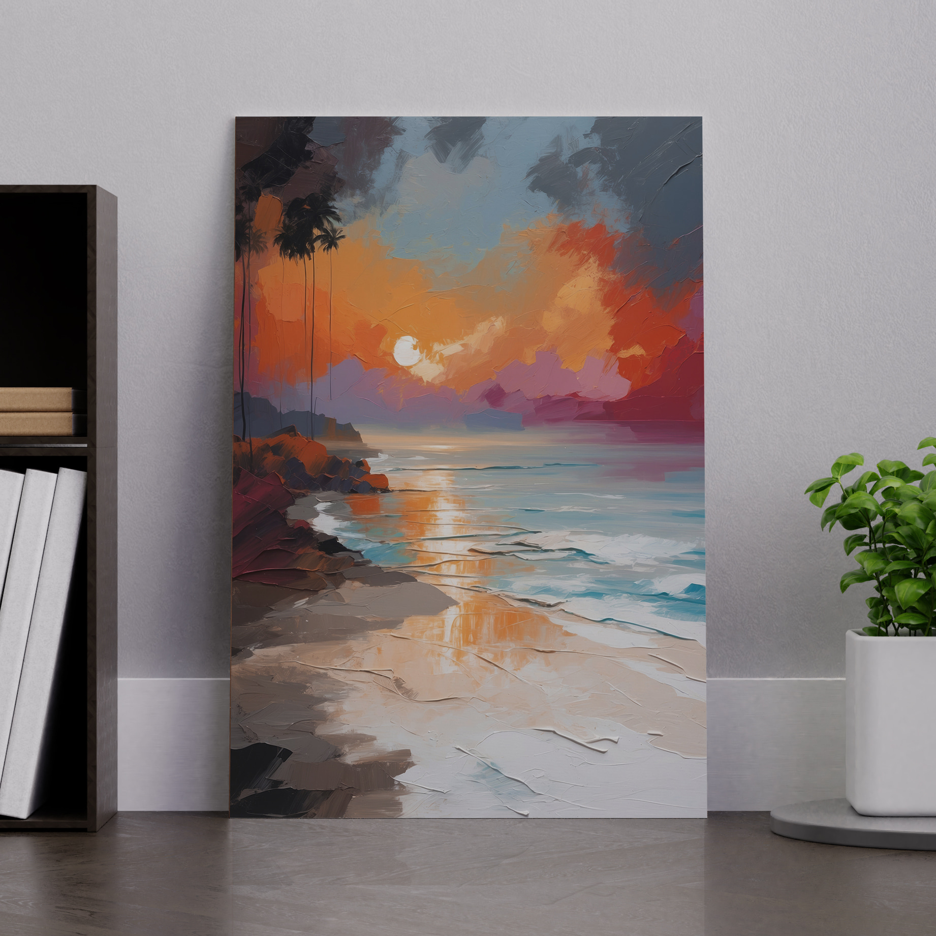 A painting of a beach with palm trees and a sunset