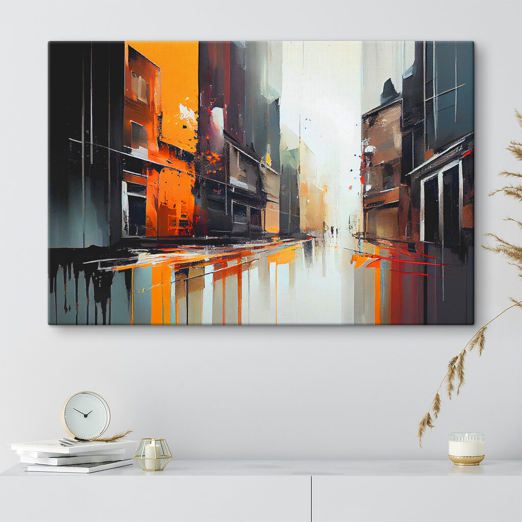 A painting of a street with buildings