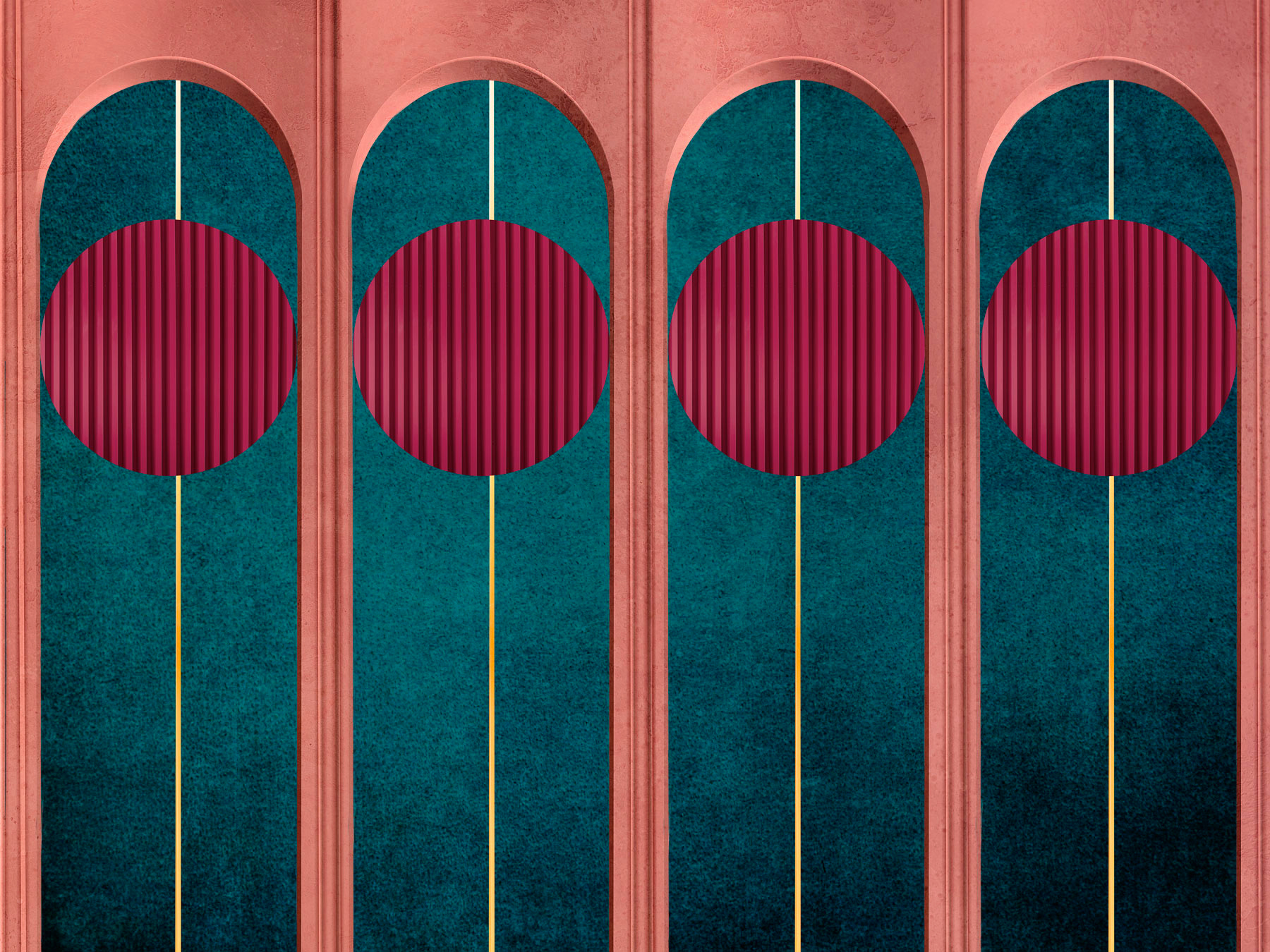 A wall with red circles and blue and green walls