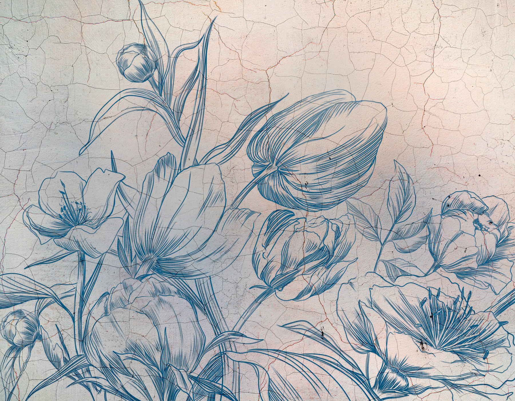 A drawing of flowers on a cracked wall