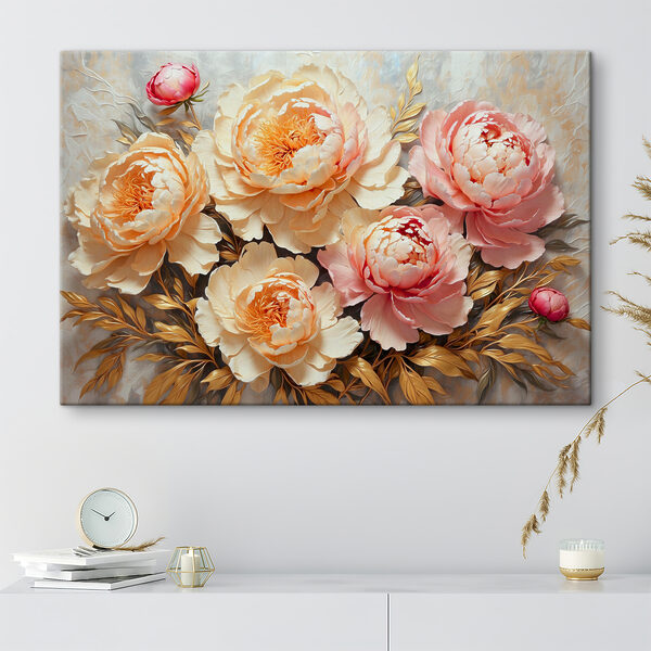 Peonies blooming amid lush foliage