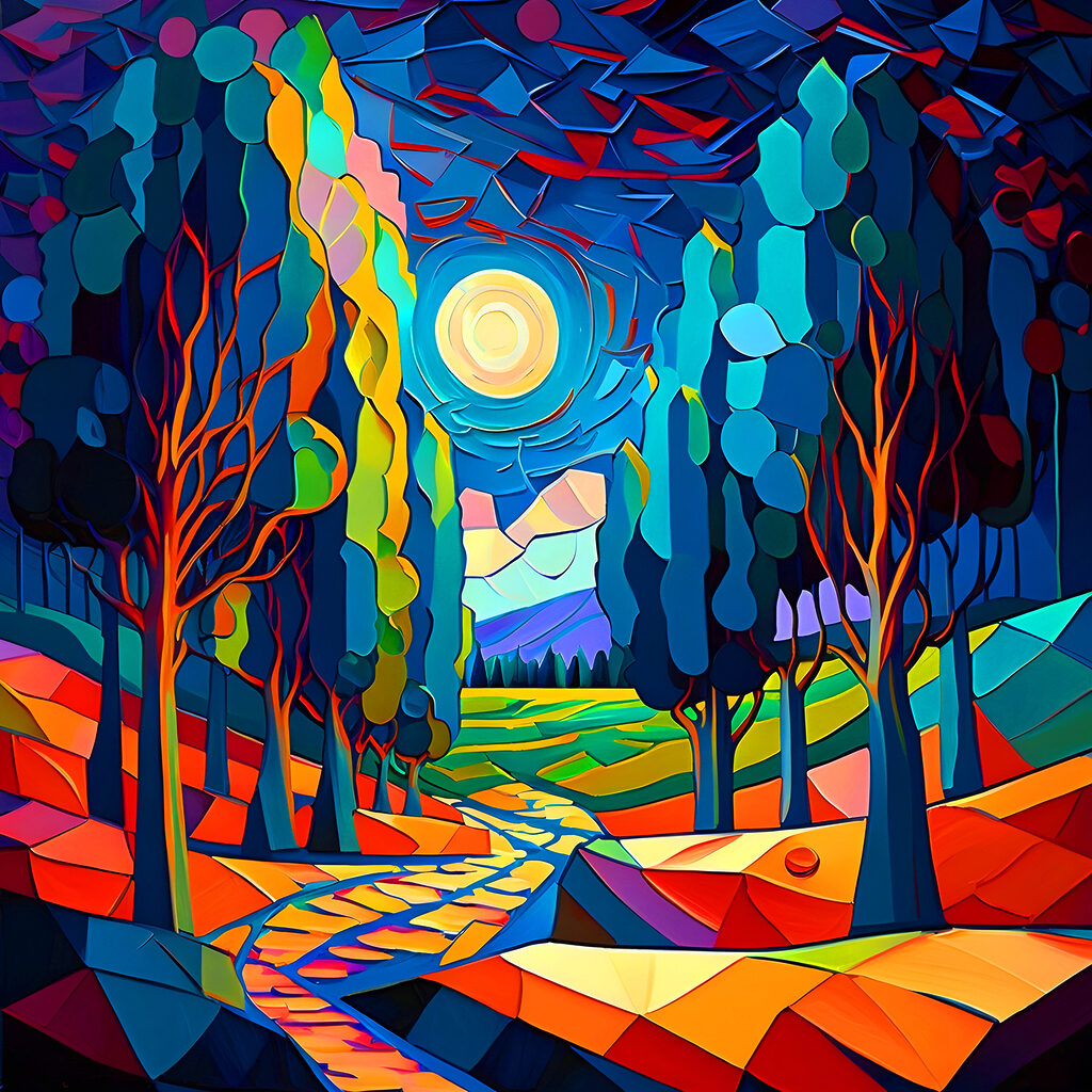 A colorful landscape with trees and a path