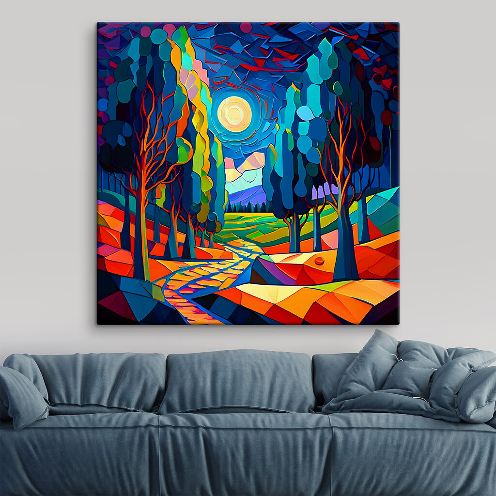 A colorful landscape with trees and a path