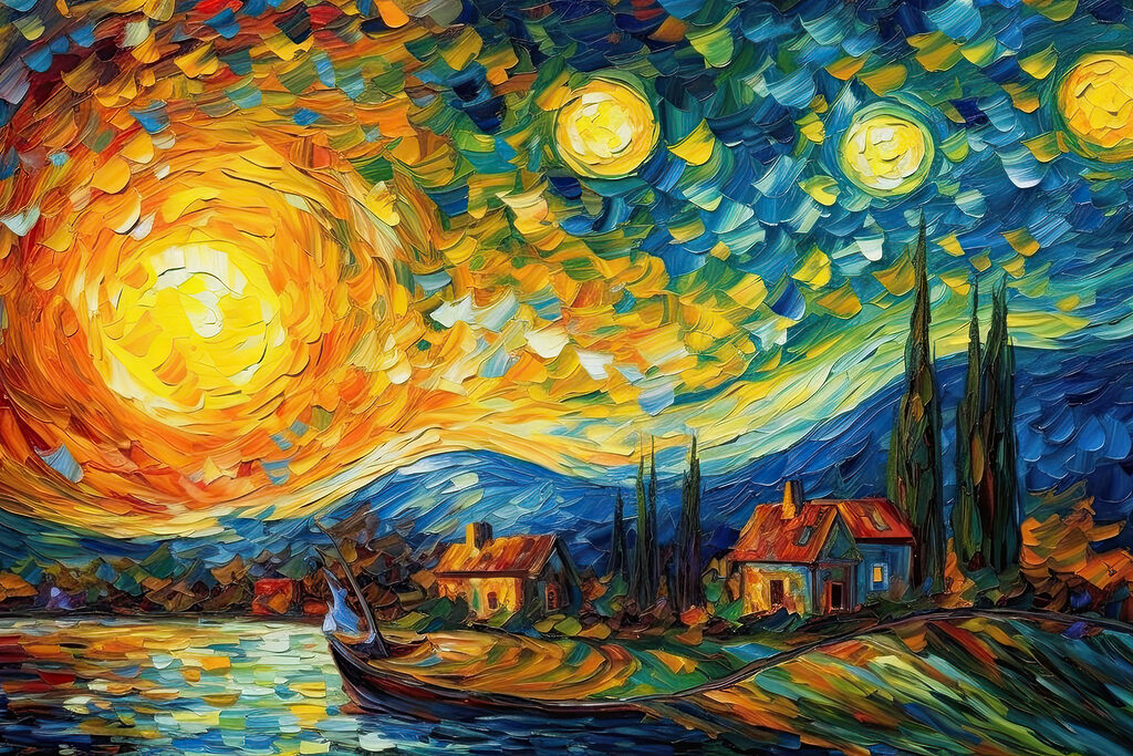 A painting of a house and a boat on a lake