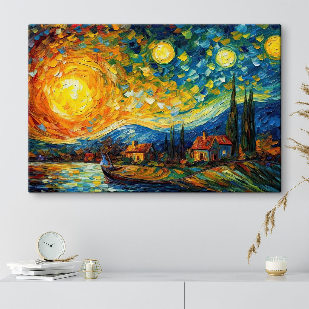 A painting of a house and a boat on a lake