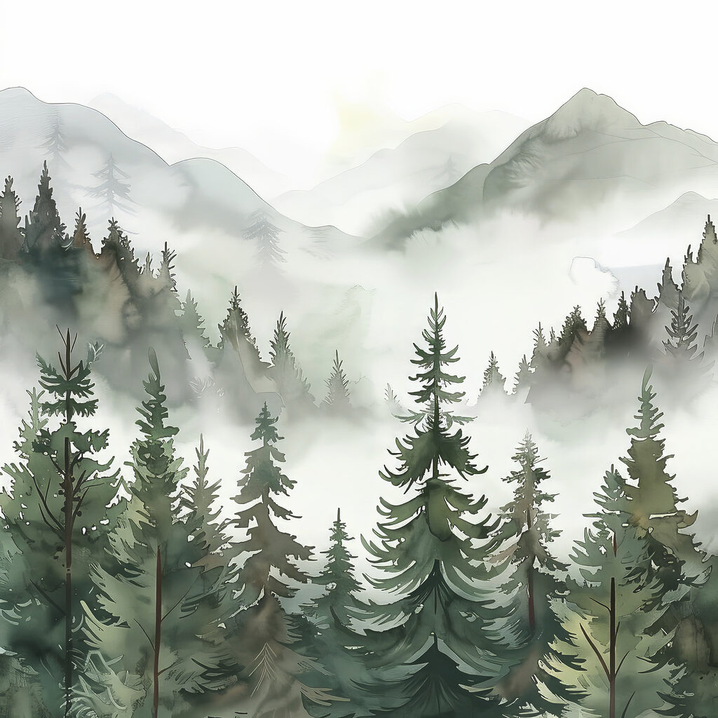 A landscape of trees and mountains
