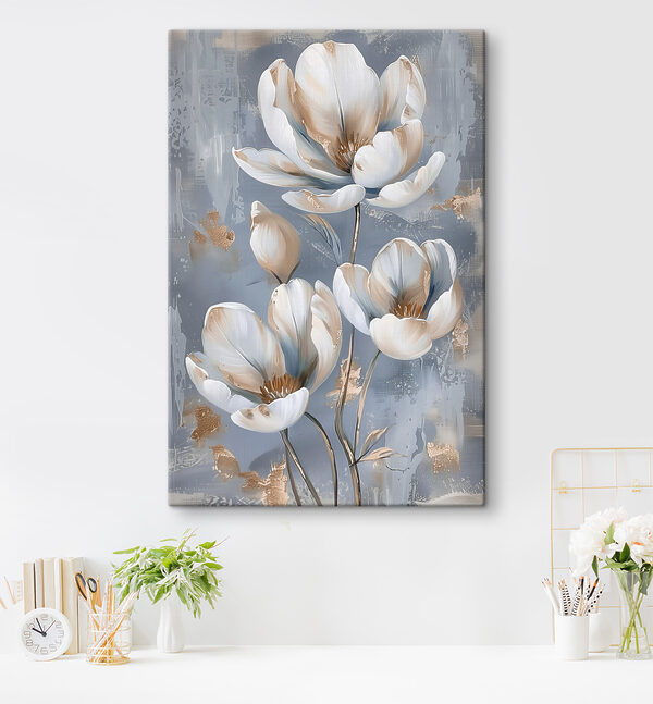 A painting of flowers on a blue background