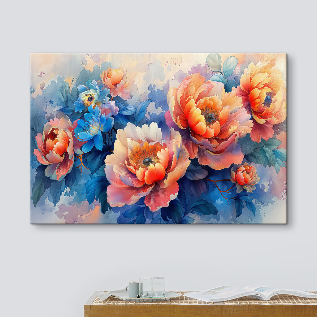 A painting of flowers on a blue background