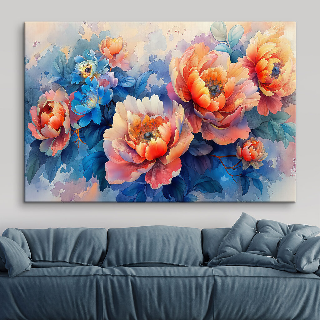 A painting of flowers on a blue background