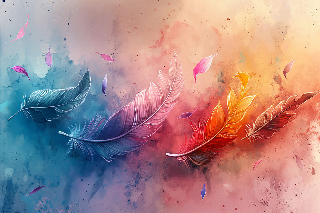 A colorful feathers flying in the air A colorful feathers flying in the air