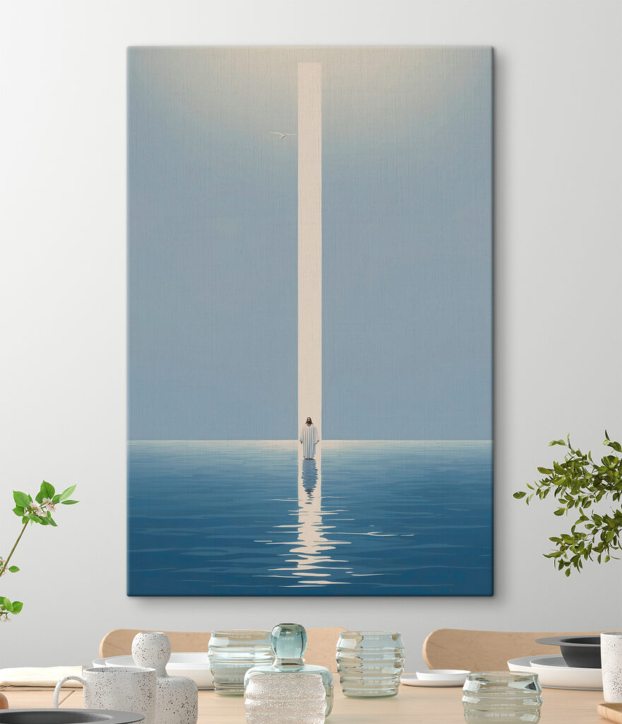 A person standing in water with a light beam A person standing in water with a light beam