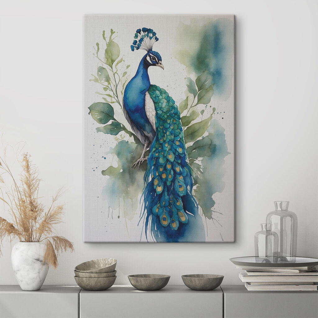 A watercolor of a peacock