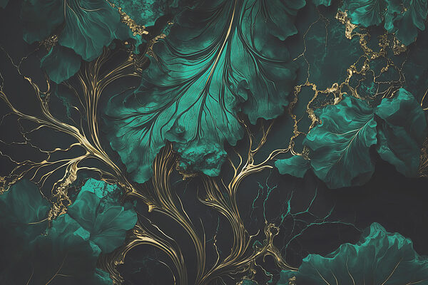 Elegantné teal listy s kovovými žilkami Elegantné teal listy s kovovými žilkami