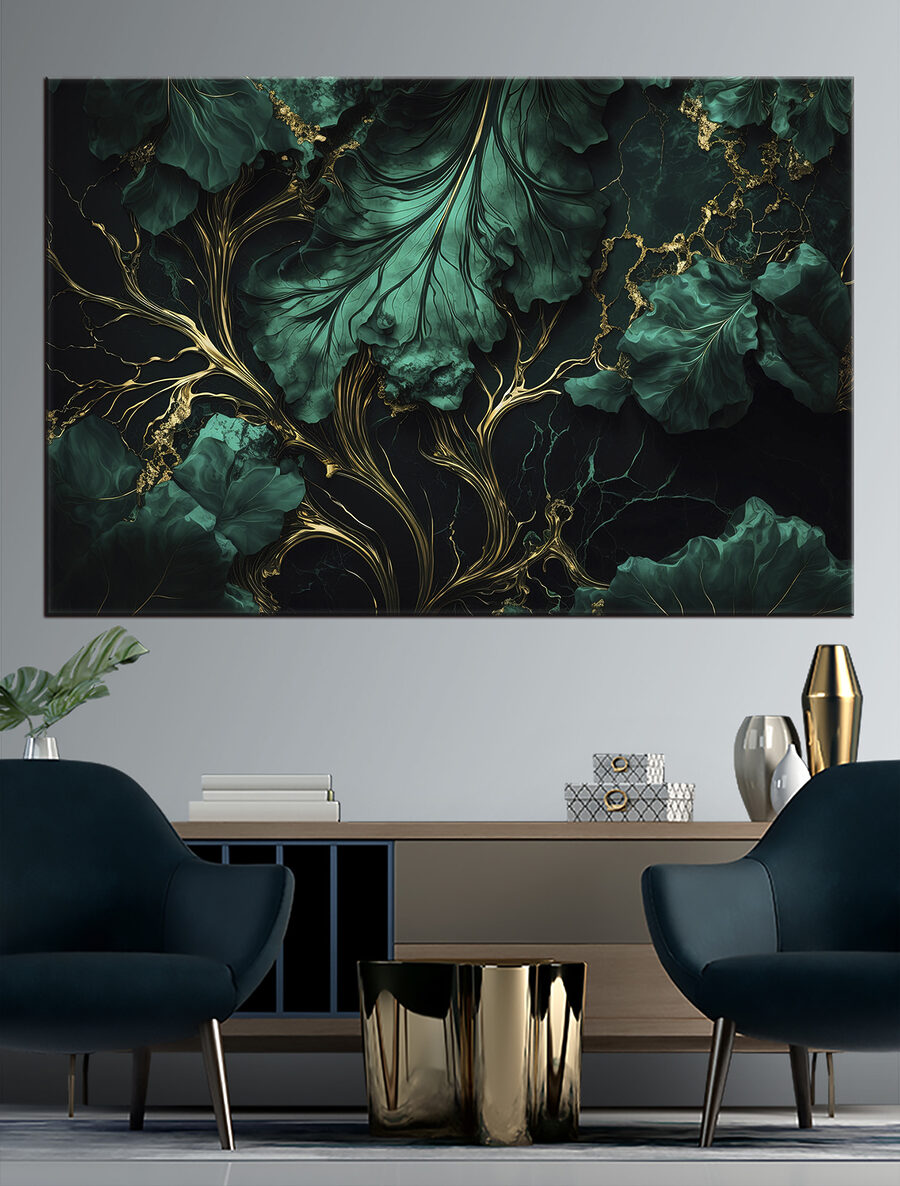 Elegantné teal listy s kovovými žilkami Elegantné teal listy s kovovými žilkami