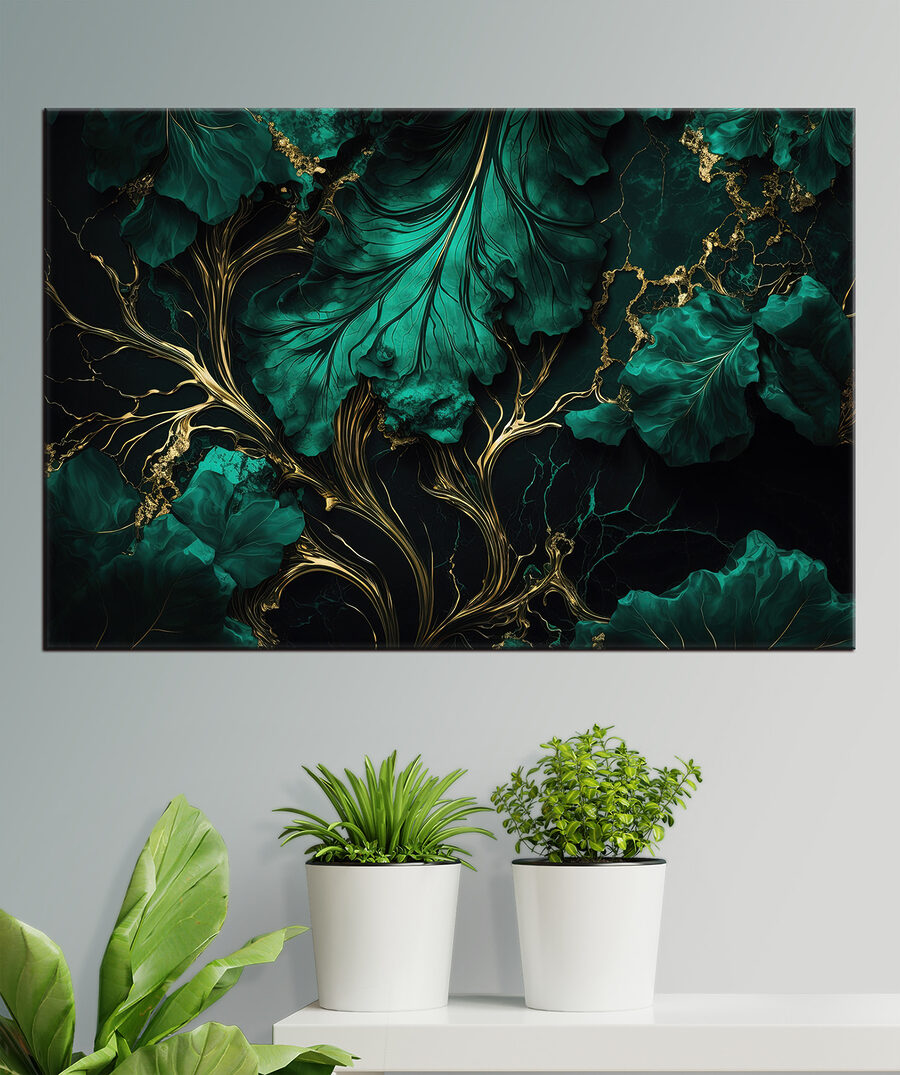 Elegantné teal listy s kovovými žilkami Elegantné teal listy s kovovými žilkami