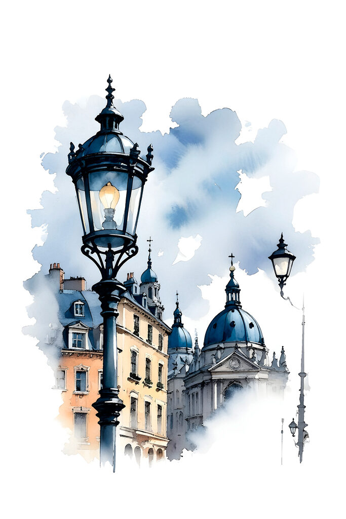 A street lamp with blue domes and buildings in the background A street lamp with blue domes and buildings in the background