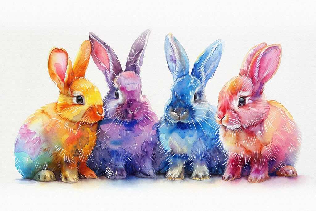 A group of colorful bunnies