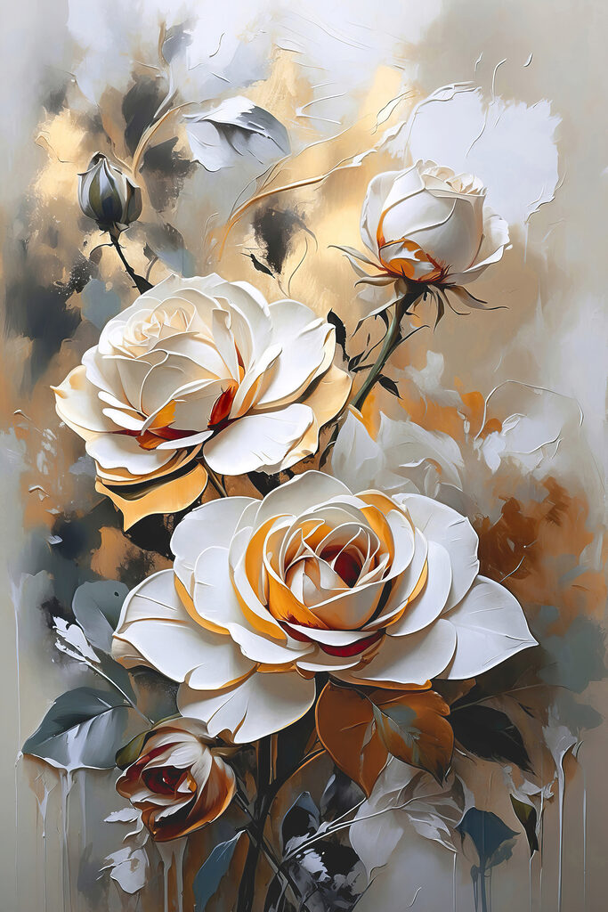 A painting of white roses