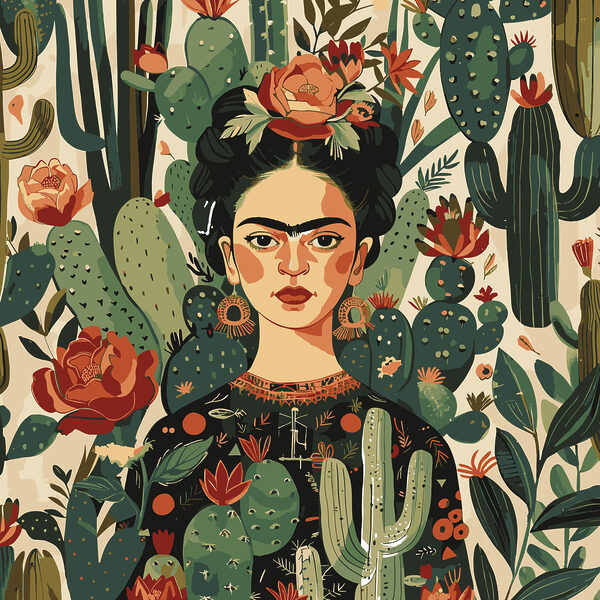 A painting of a woman with cactuses A painting of a woman with cactuses