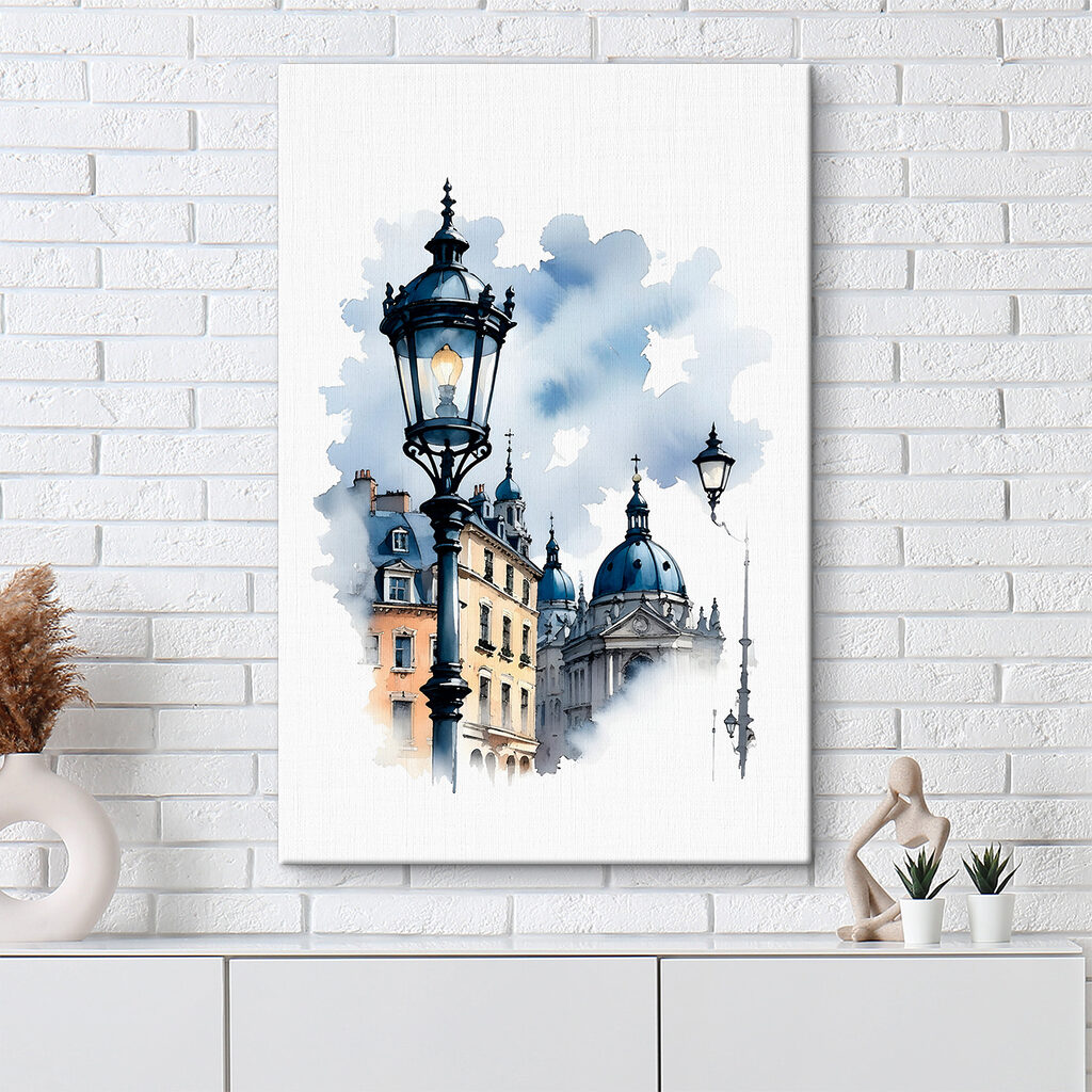 A street lamp with blue domes and buildings in the background A street lamp with blue domes and buildings in the background