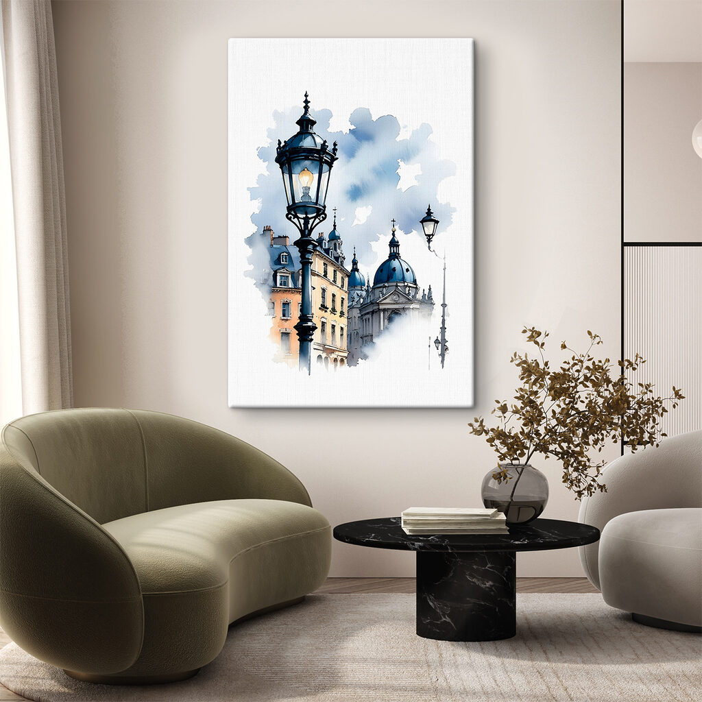 A street lamp with blue domes and buildings in the background A street lamp with blue domes and buildings in the background