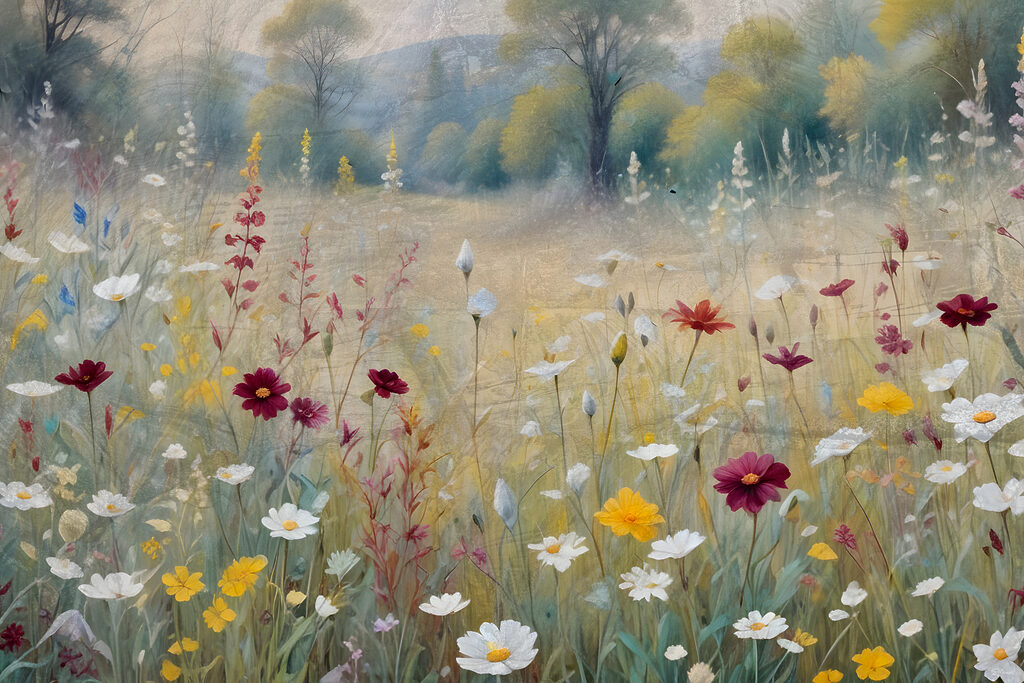 A painting of flowers in a field A painting of flowers in a field