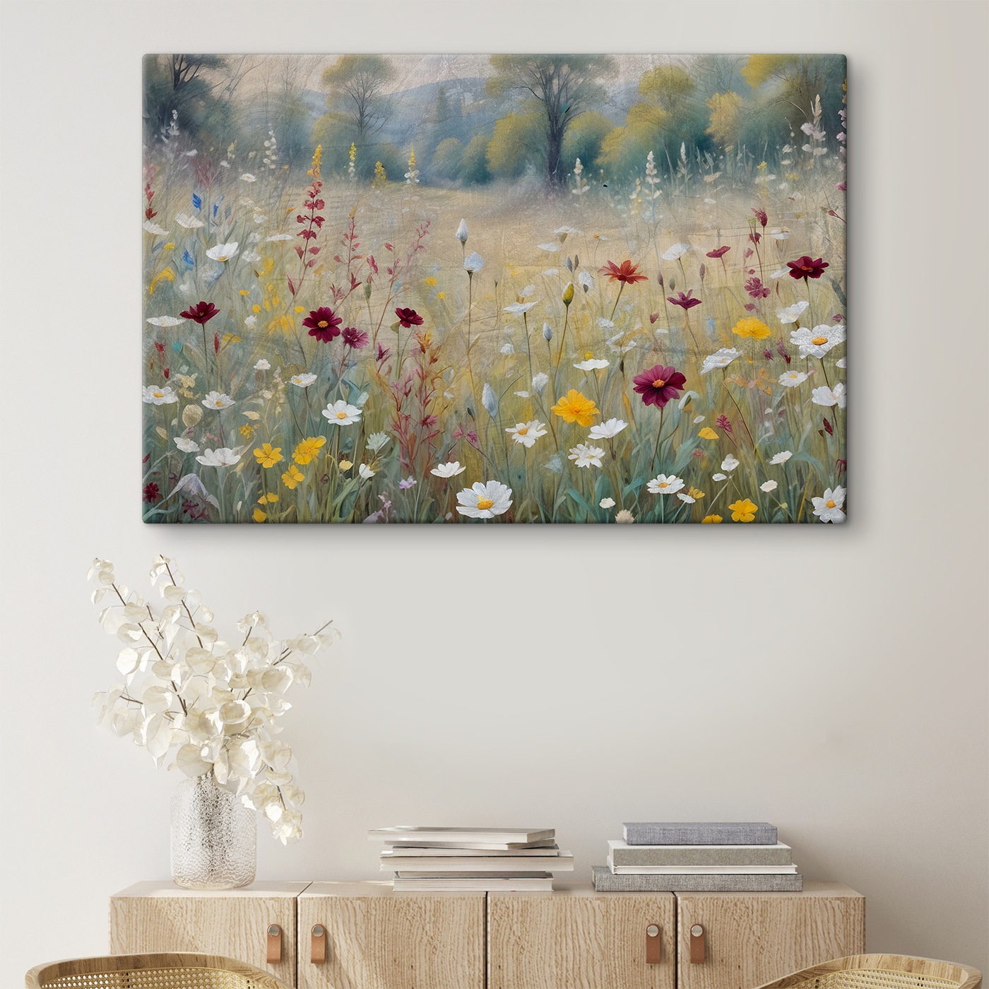 A painting of flowers in a field A painting of flowers in a field