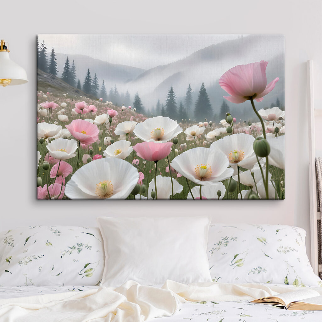 A field of pink and white flowers