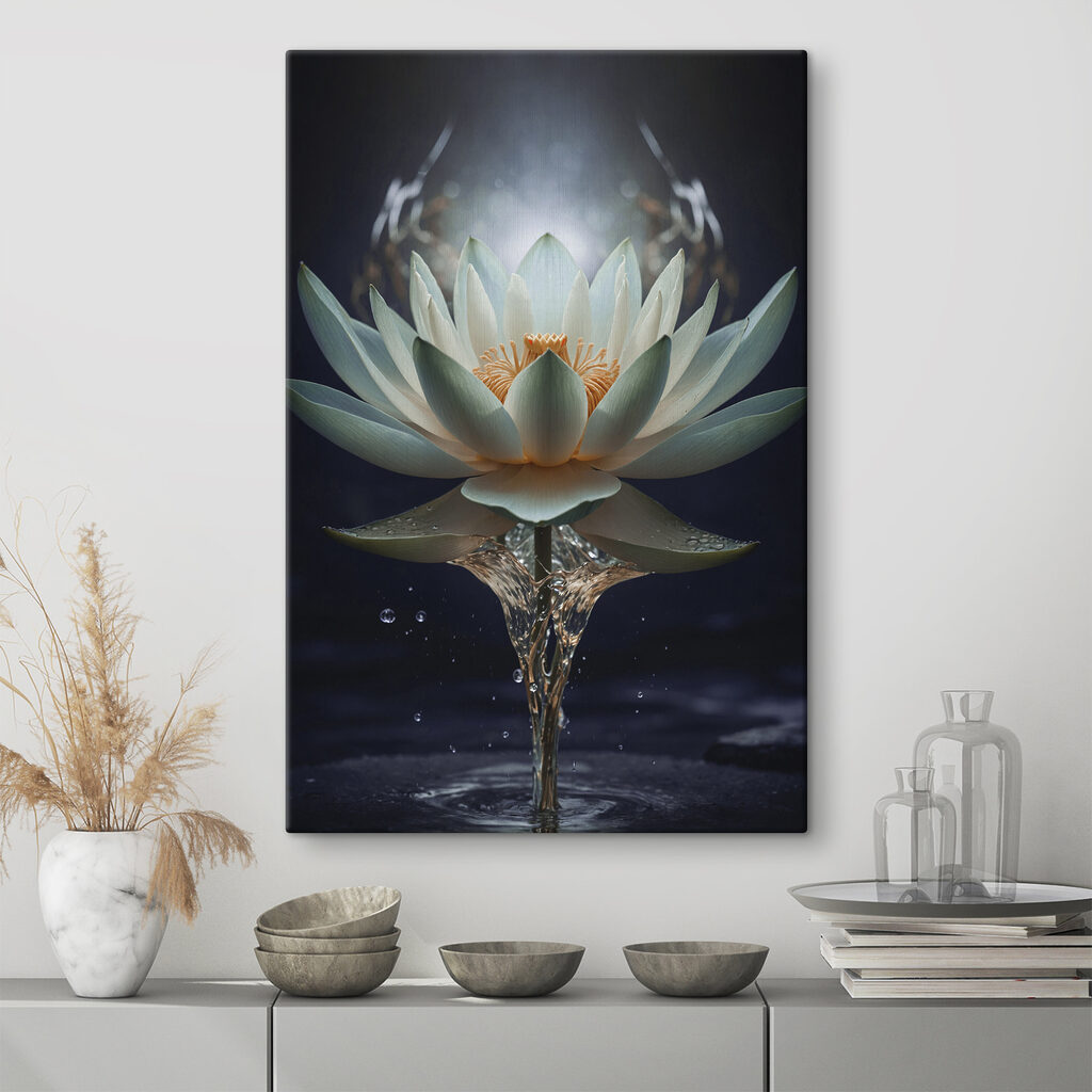 A white flower with yellow center and water splashing out A white flower with yellow center and water splashing out