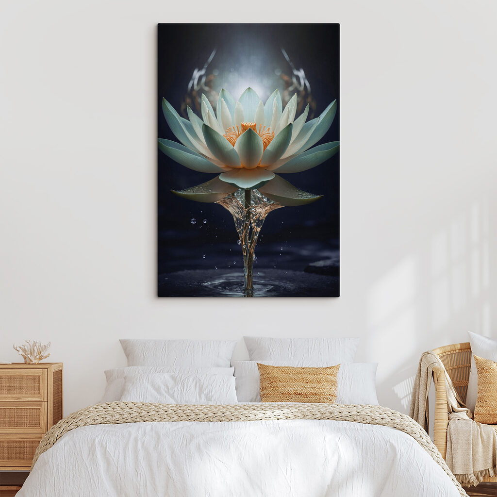 A white flower with yellow center and water splashing out A white flower with yellow center and water splashing out