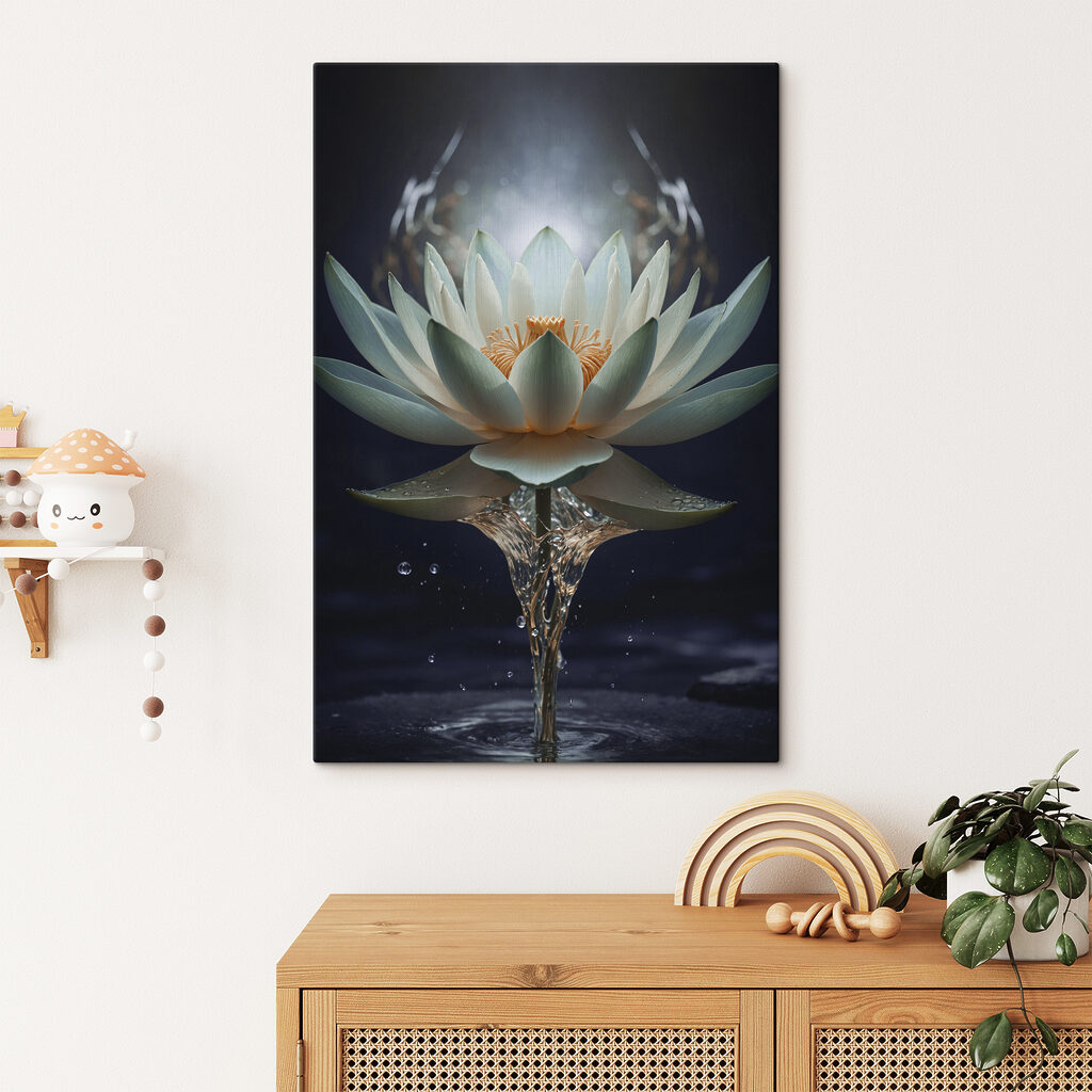 A white flower with yellow center and water splashing out A white flower with yellow center and water splashing out