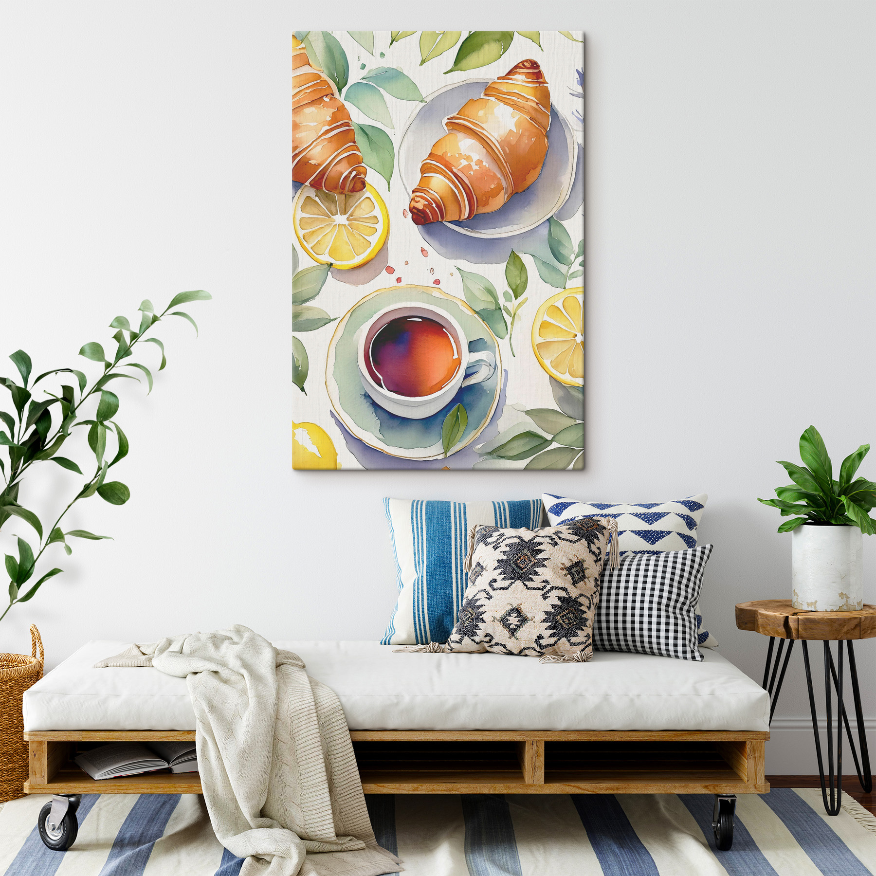 Watercolor of a croissant and a cup of tea Watercolor of a croissant and a cup of tea