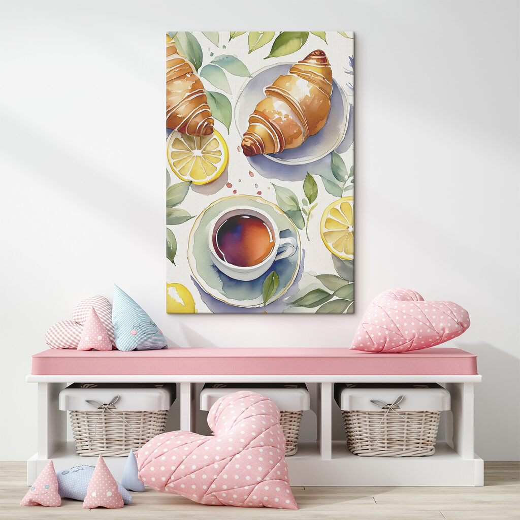 Watercolor of a croissant and a cup of tea Watercolor of a croissant and a cup of tea