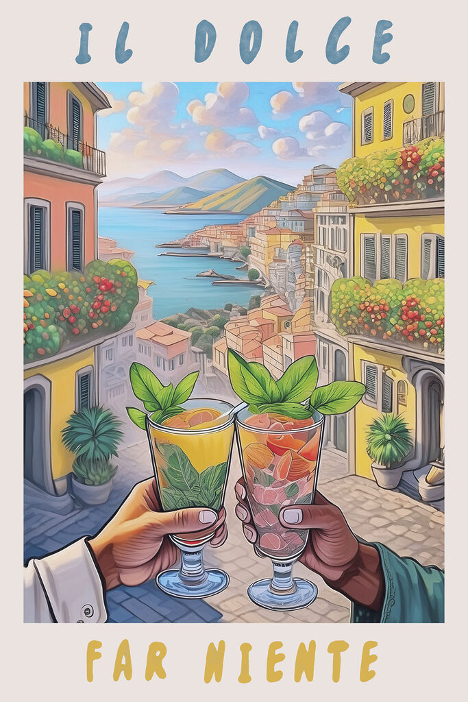 A hand holding glasses with drinks in front of a city