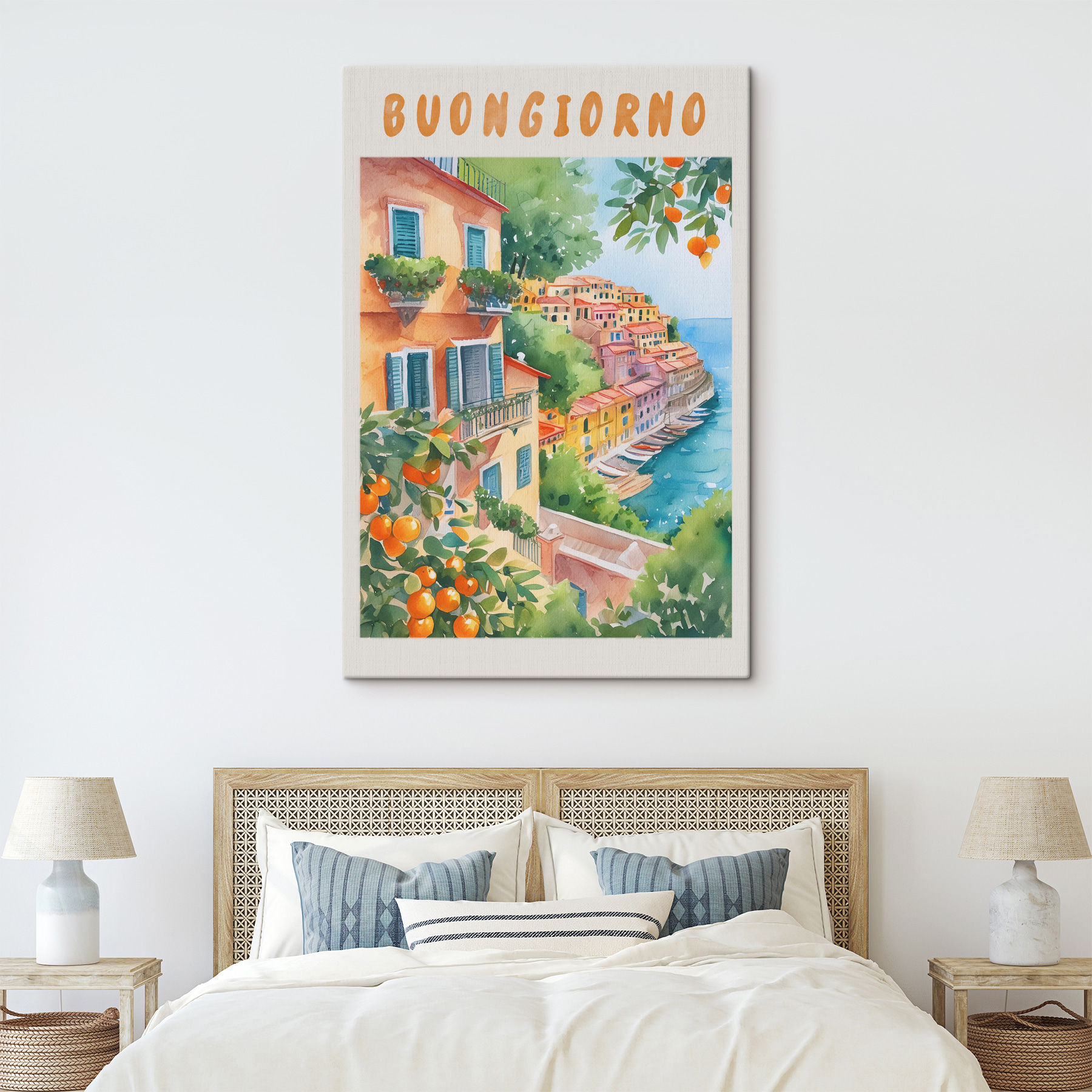 Watercolor painting of a town by the water Watercolor painting of a town by the water