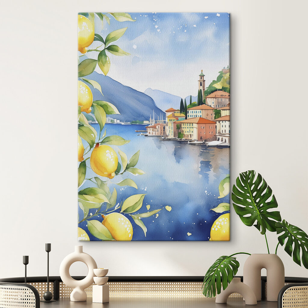 Watercolor of a city by a body of water Watercolor of a city by a body of water