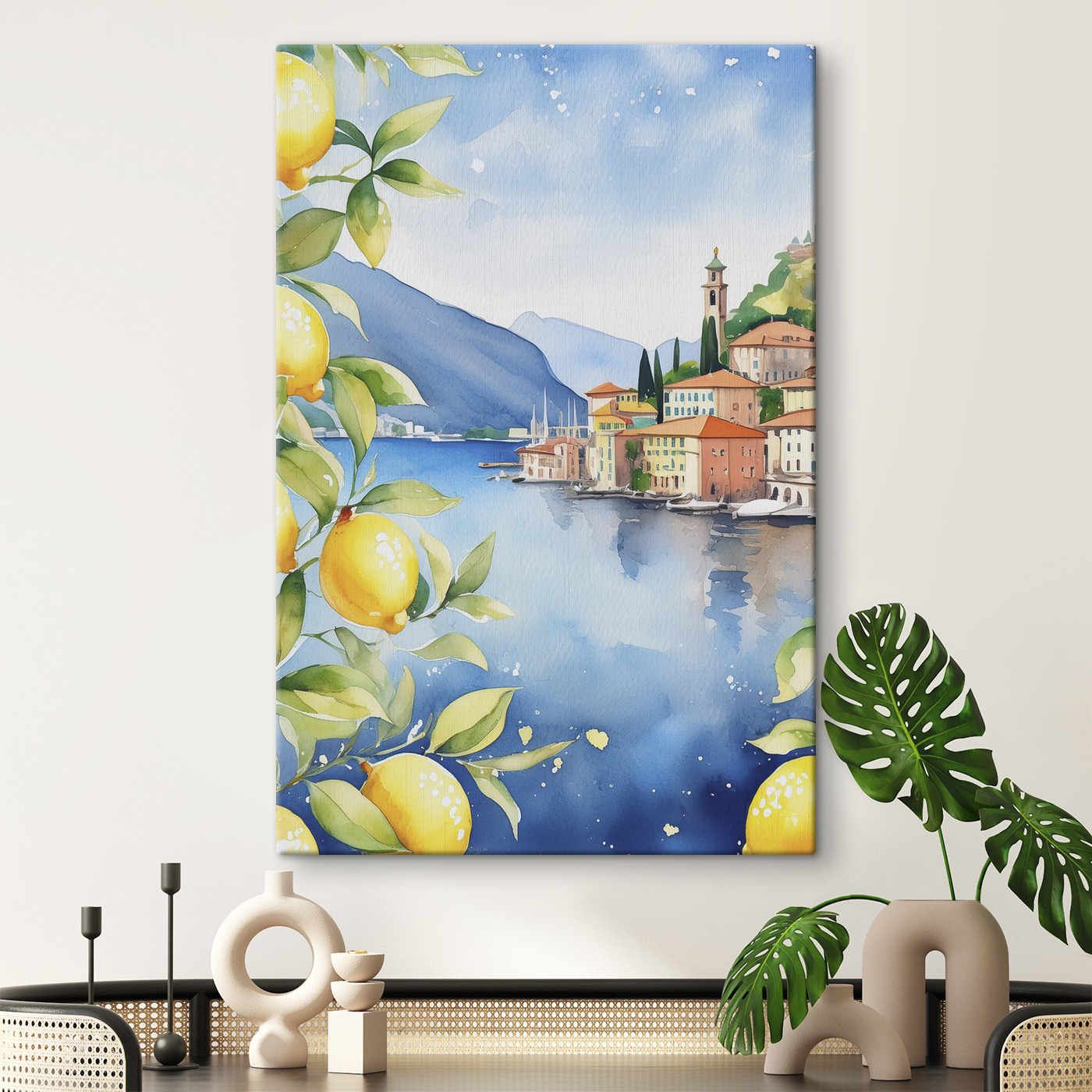 Watercolor of a city by a body of water Watercolor of a city by a body of water