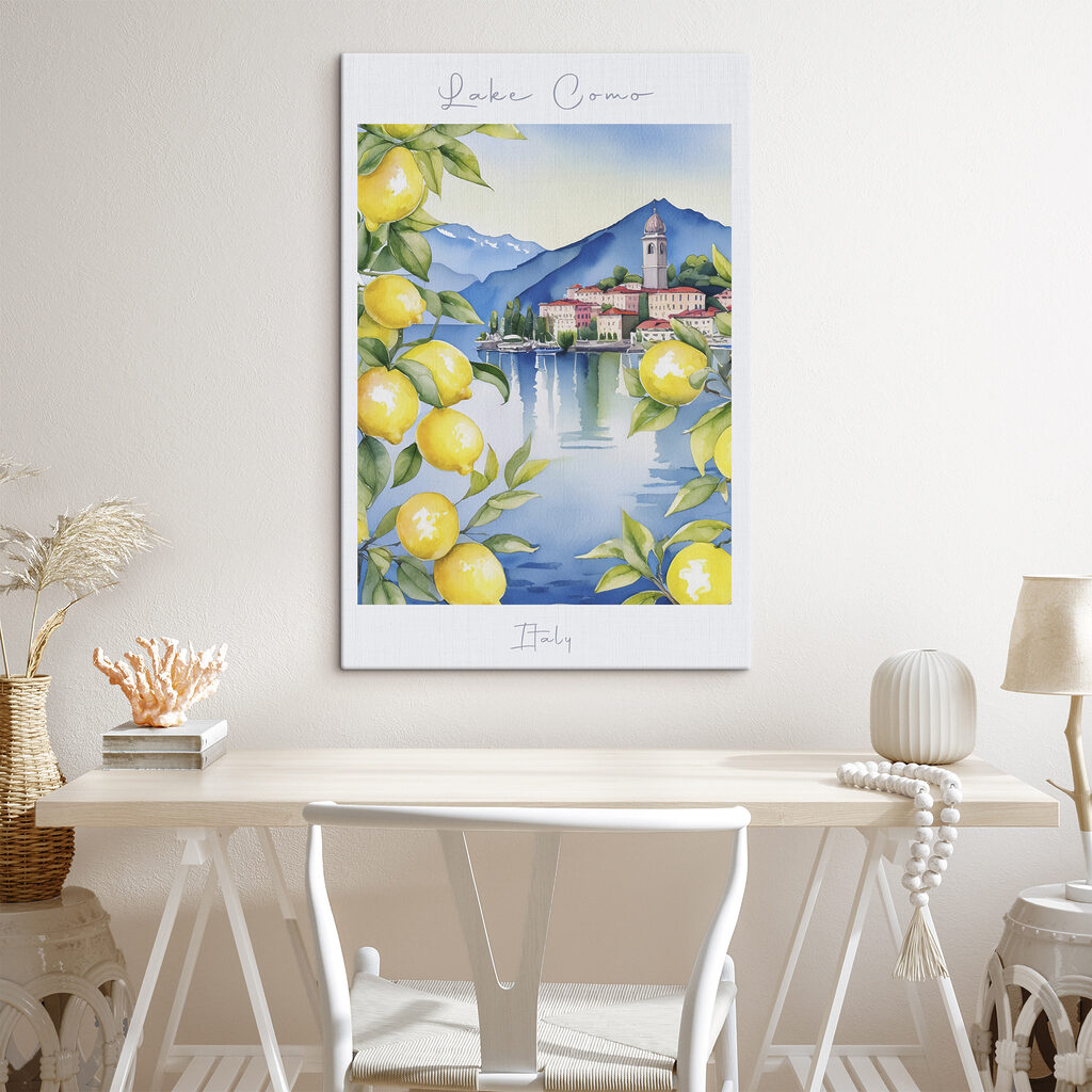 Watercolor painting of a city and mountains with yellow lemons Watercolor painting of a city and mountains with yellow lemons