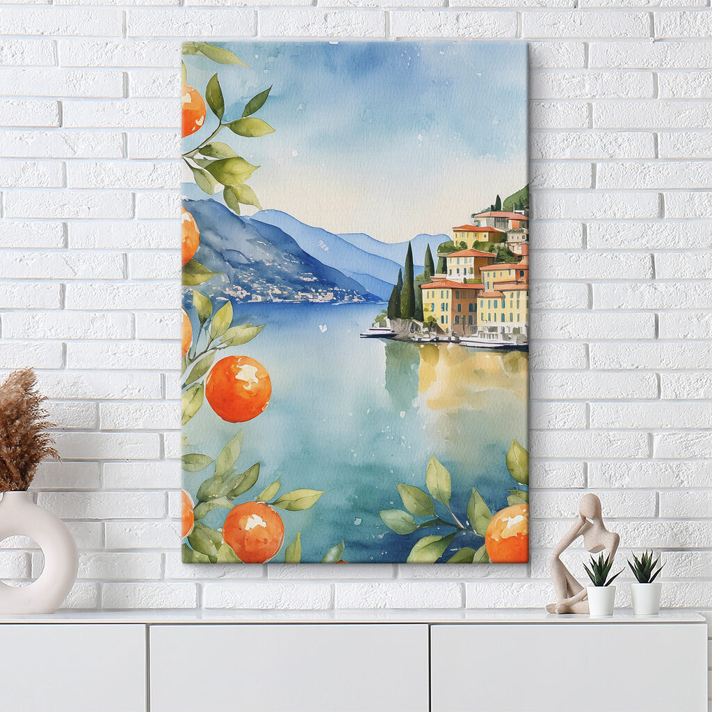 Watercolor of a town next to a body of water Watercolor of a town next to a body of water