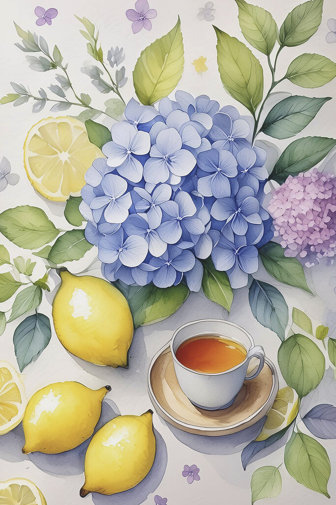 A painting of a cup of tea and lemons A painting of a cup of tea and lemons