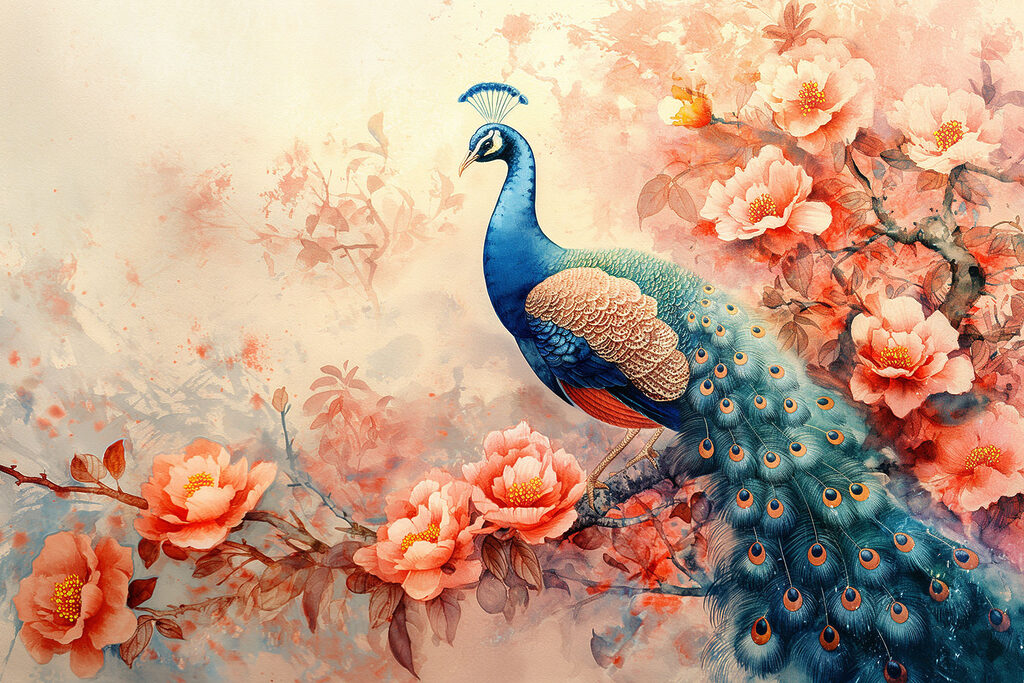 A painting of a peacock on a branch with flowers A painting of a peacock on a branch with flowers