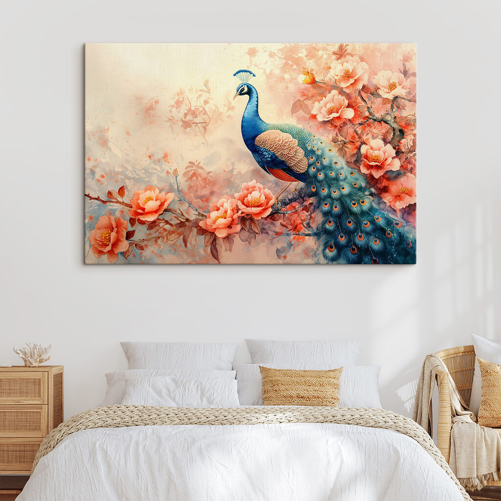 A painting of a peacock on a branch with flowers A painting of a peacock on a branch with flowers