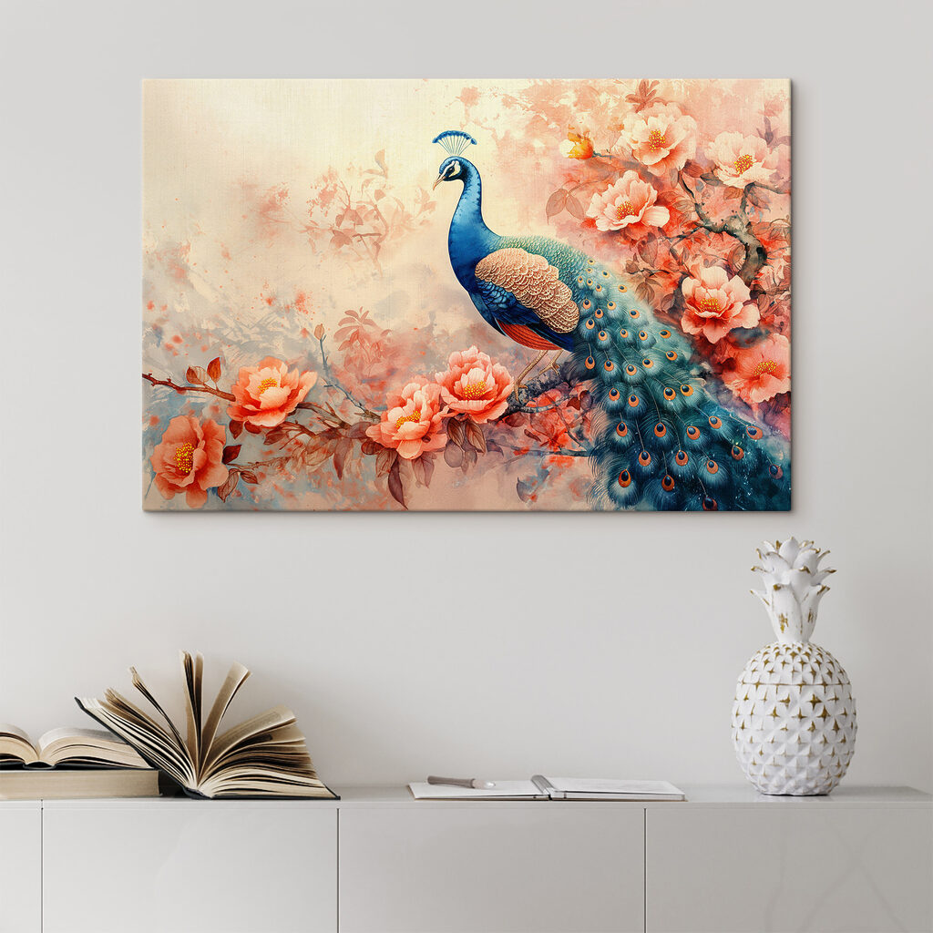 A painting of a peacock on a branch with flowers A painting of a peacock on a branch with flowers