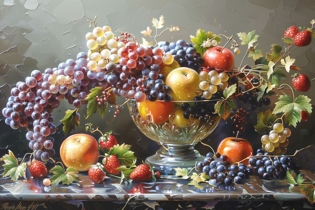 A painting of fruit in a bowl A painting of fruit in a bowl